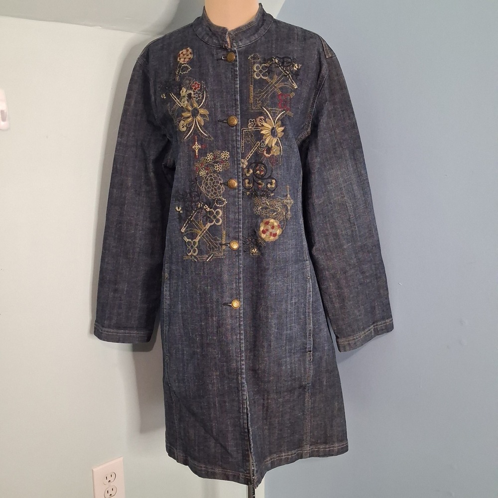 Chicos Platinum Blooming Trail Denim Jacket Dark Indigo Embroidered Long Coat‎ 2